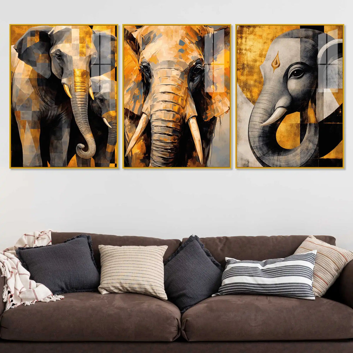 Modern Elephant Artwork Acrylic Painting Set of 3