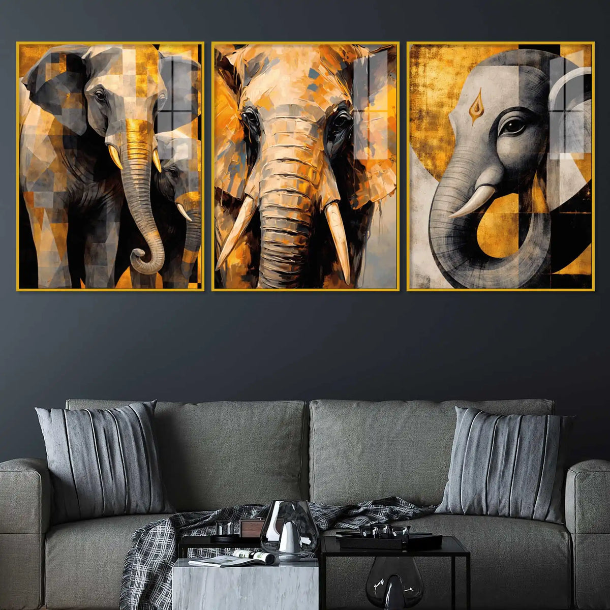 Modern Elephant Artwork Acrylic Painting Set of 3
