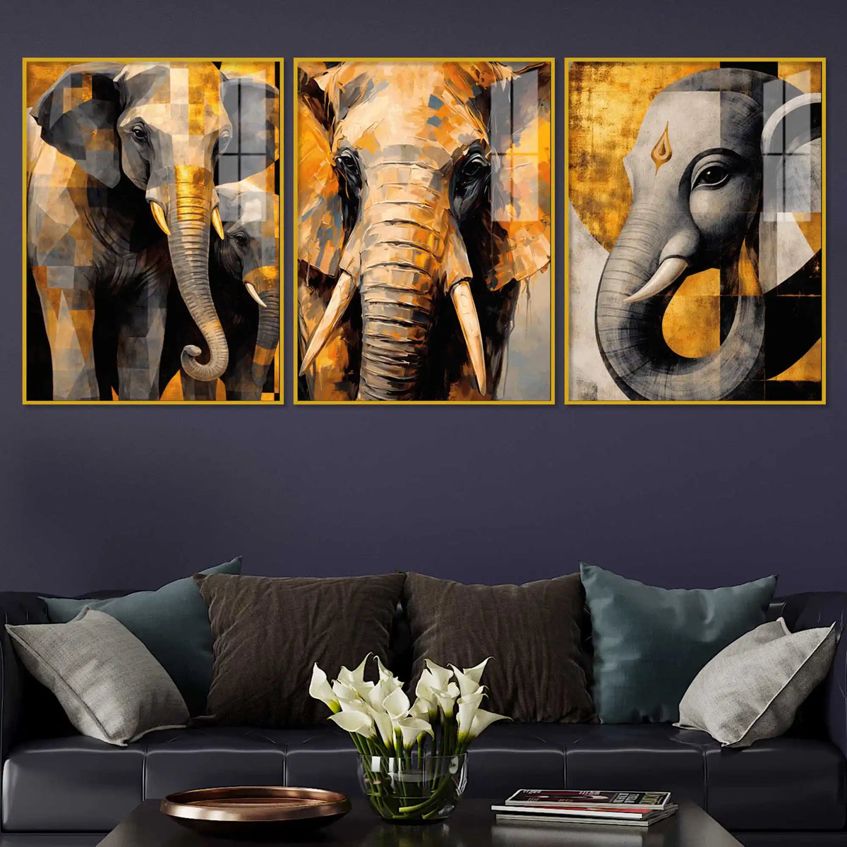 Modern Elephant Artwork Acrylic Painting Set of 3