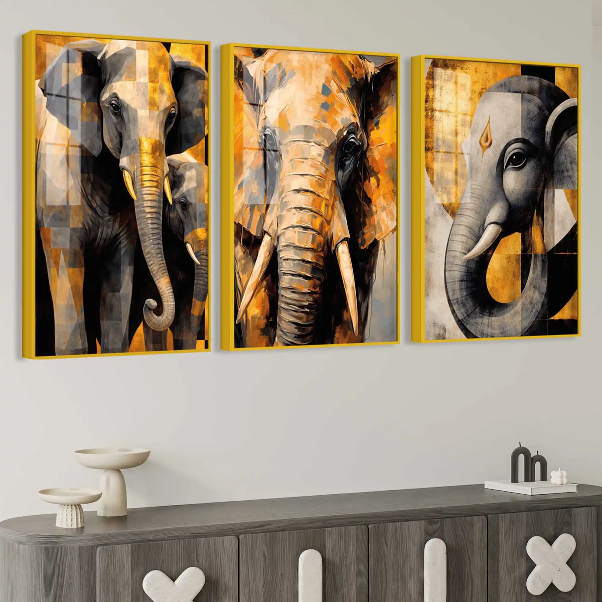 Modern Elephant Artwork Acrylic Painting Set of 3