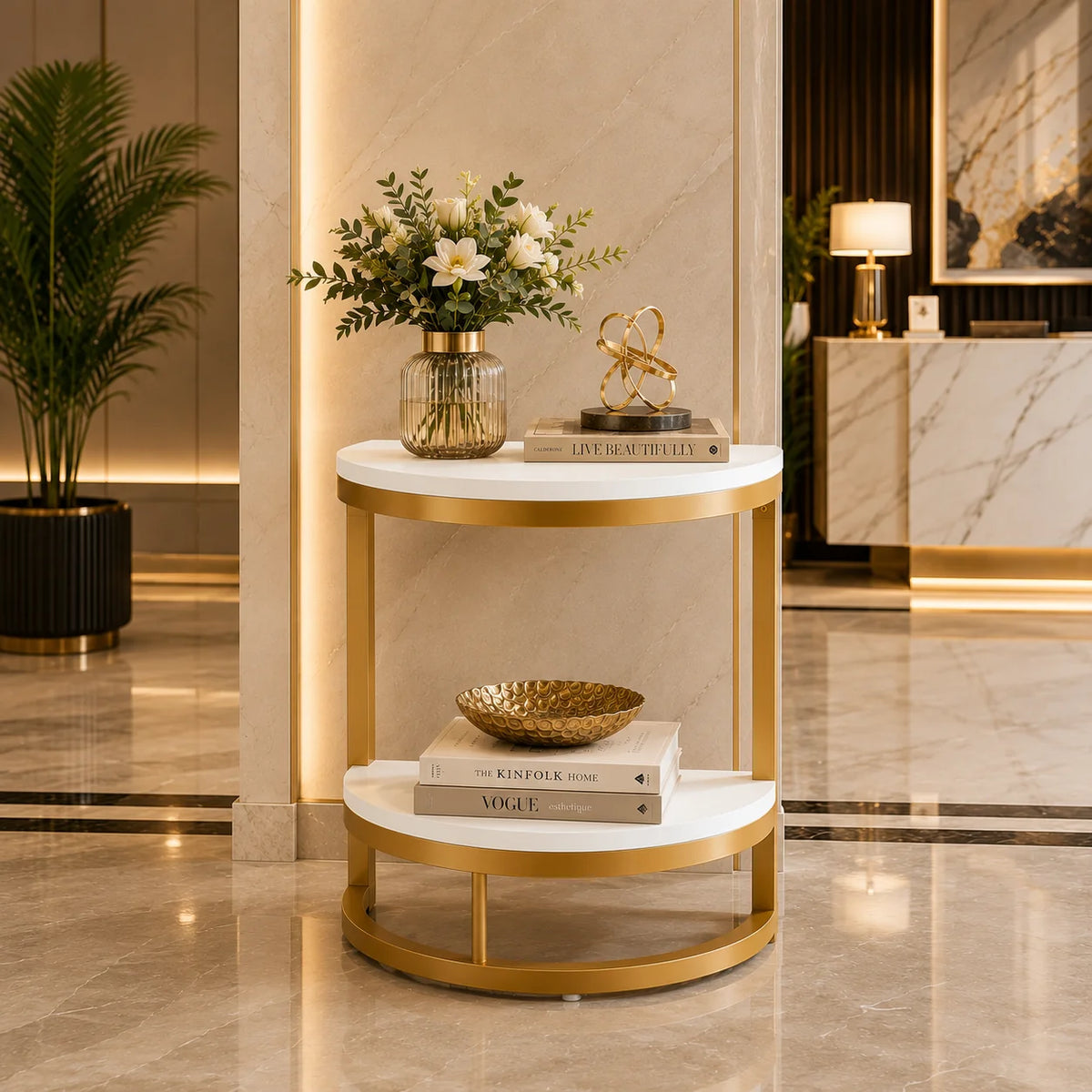 Modern End Semi Circle Side Table with Storage Shelf