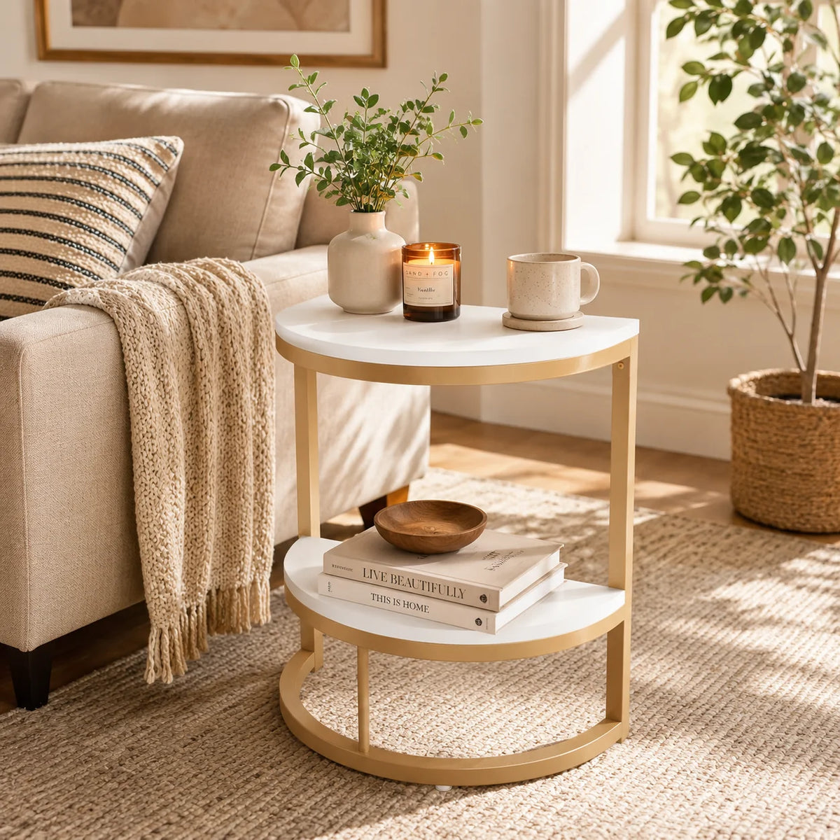 Modern End Semi Circle Side Table with Storage Shelf