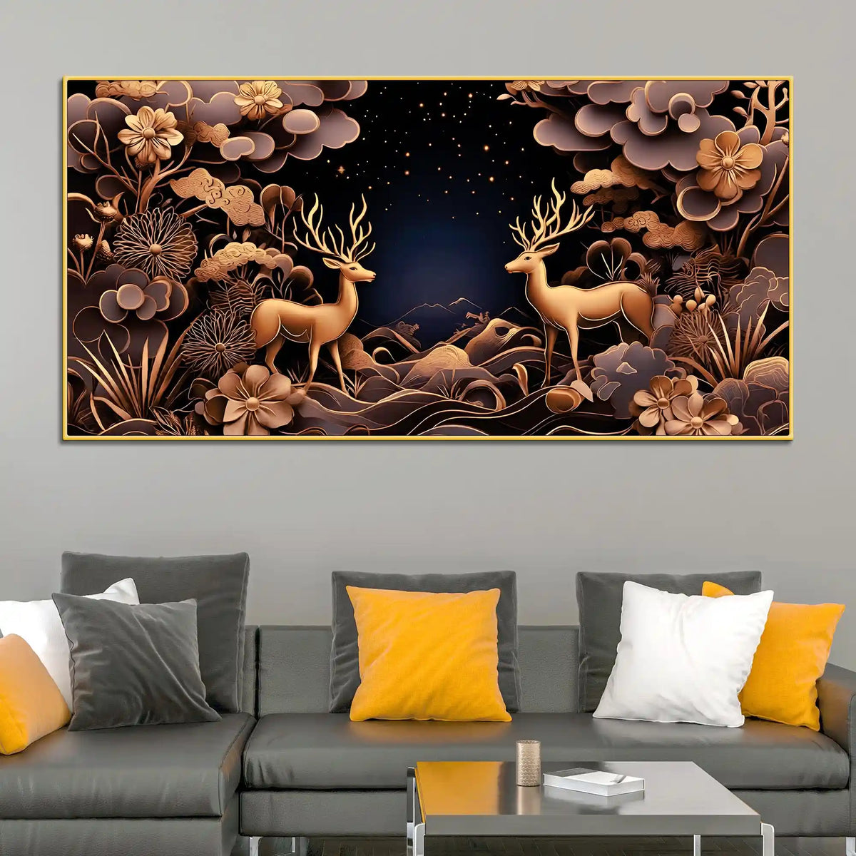 Modern Floral Abstract Deer Canvas Painting for Living Room