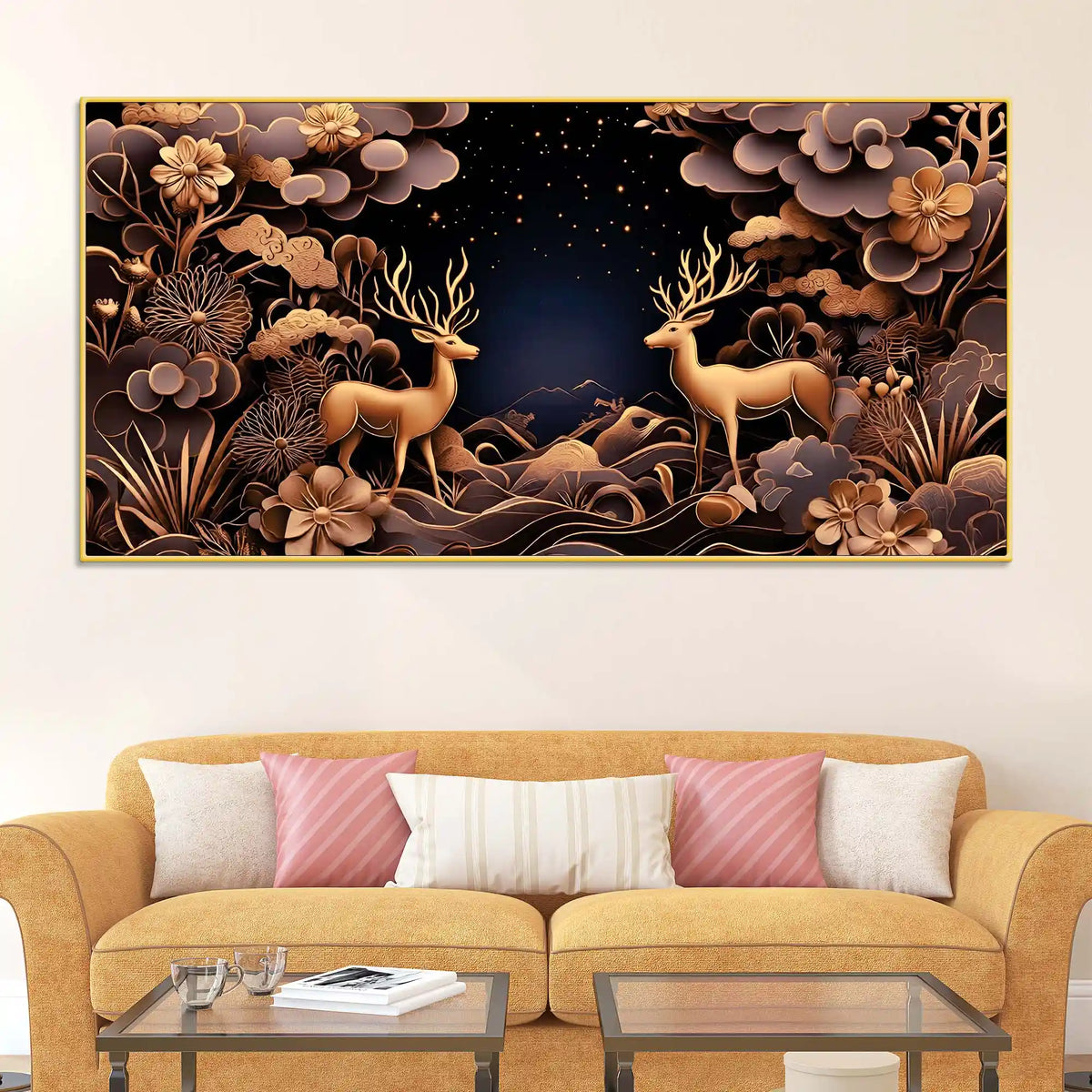 Modern Floral Abstract Deer Canvas Painting for Living Room
