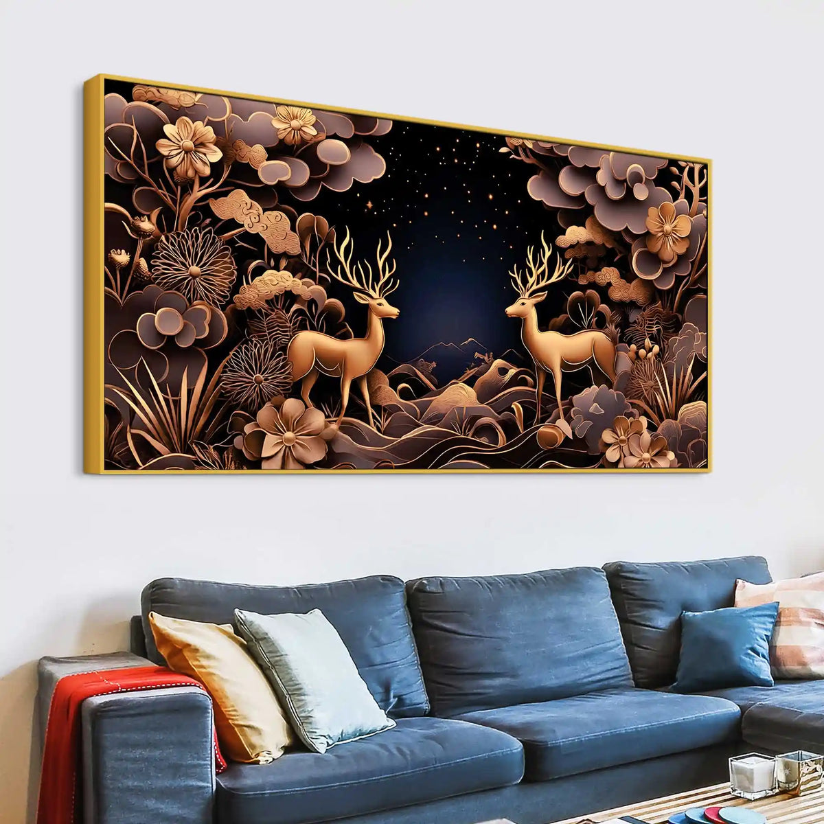 Modern Floral Abstract Deer Canvas Painting for Living Room