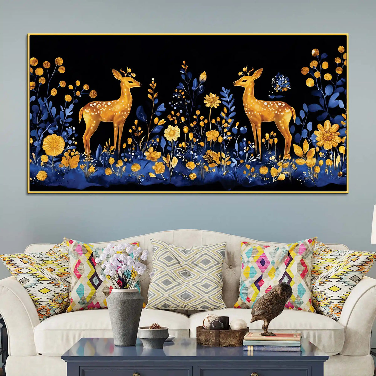 Modern Floral Deer Canvas Wall Abstract Luxury Painting for Home Interiors