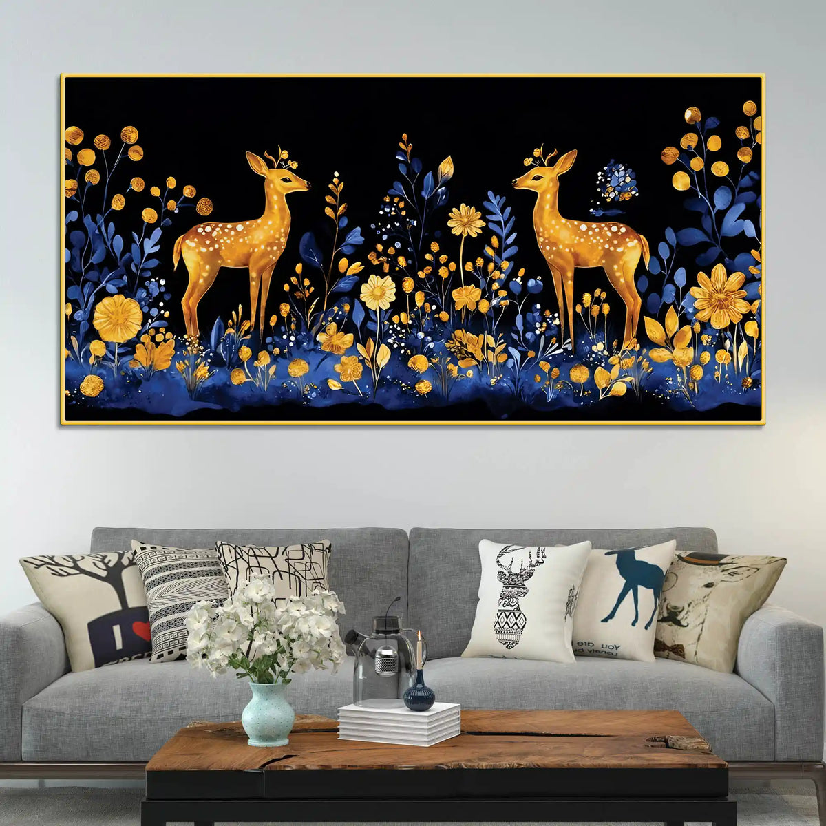 Modern Floral Deer Canvas Wall Abstract Luxury Painting for Home Interiors