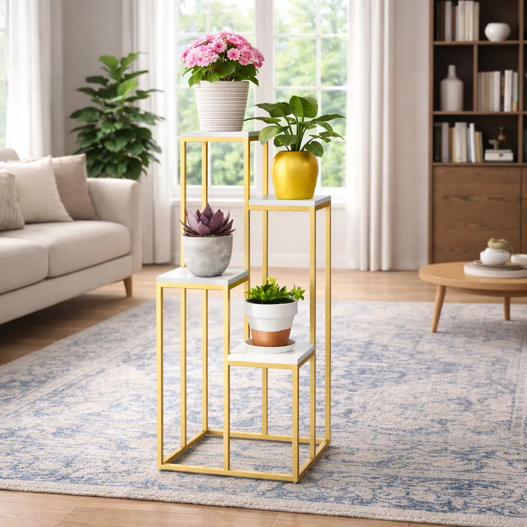Modern Four Tier Square Storage Metal Stand with Golden Finish