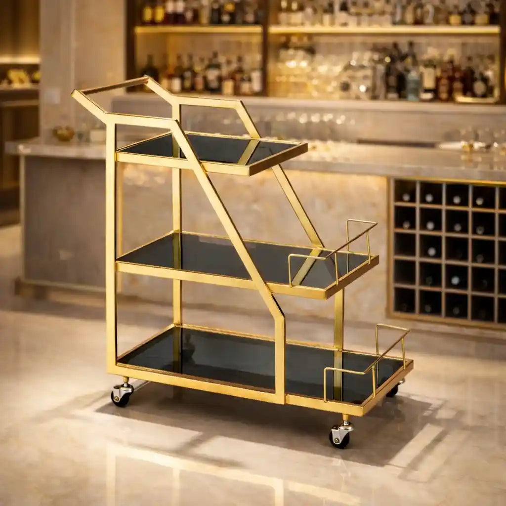 Modern Geometric Gold Bar Cart with Triple Tiers Trolley