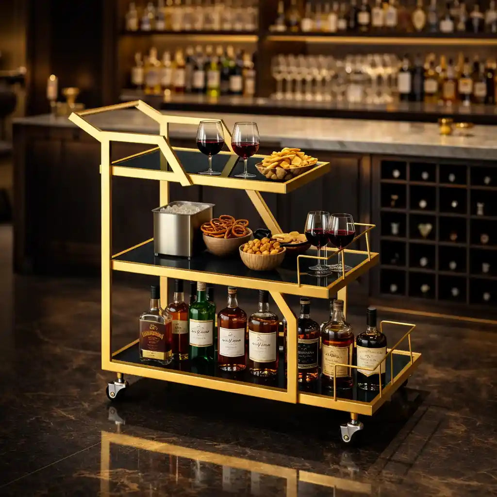Modern Geometric Gold Bar Cart with Triple Tiers Trolley
