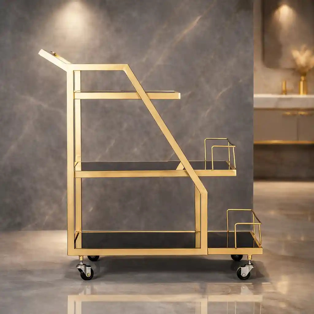 Modern Geometric Gold Bar Cart with Triple Tiers Trolley