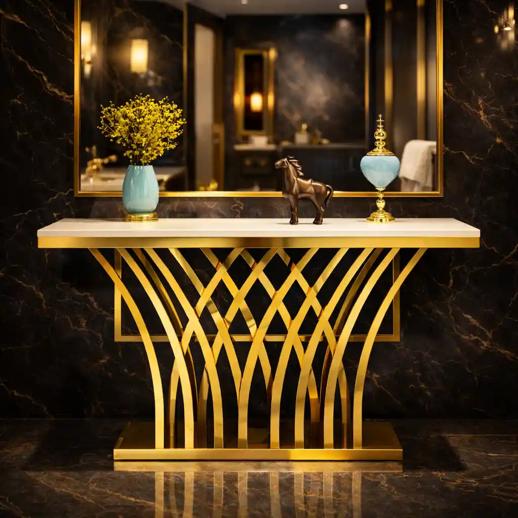 Modern Glam Console Table with Designer Gold Base