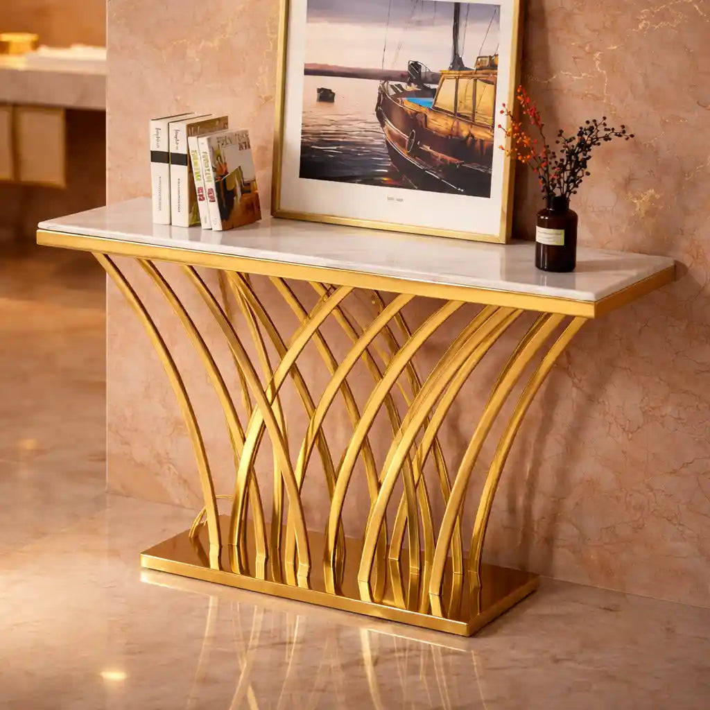 Modern Glam Console Table with Designer Gold Base