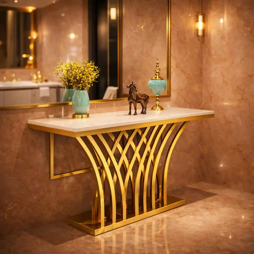 Modern Glam Console Table with Designer Gold Base