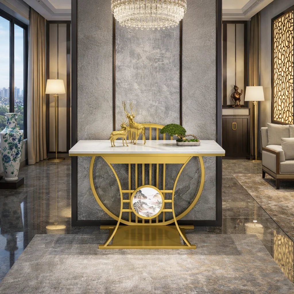 Modern Gold Console Table Featuring Circular Motif and Marble Surface
