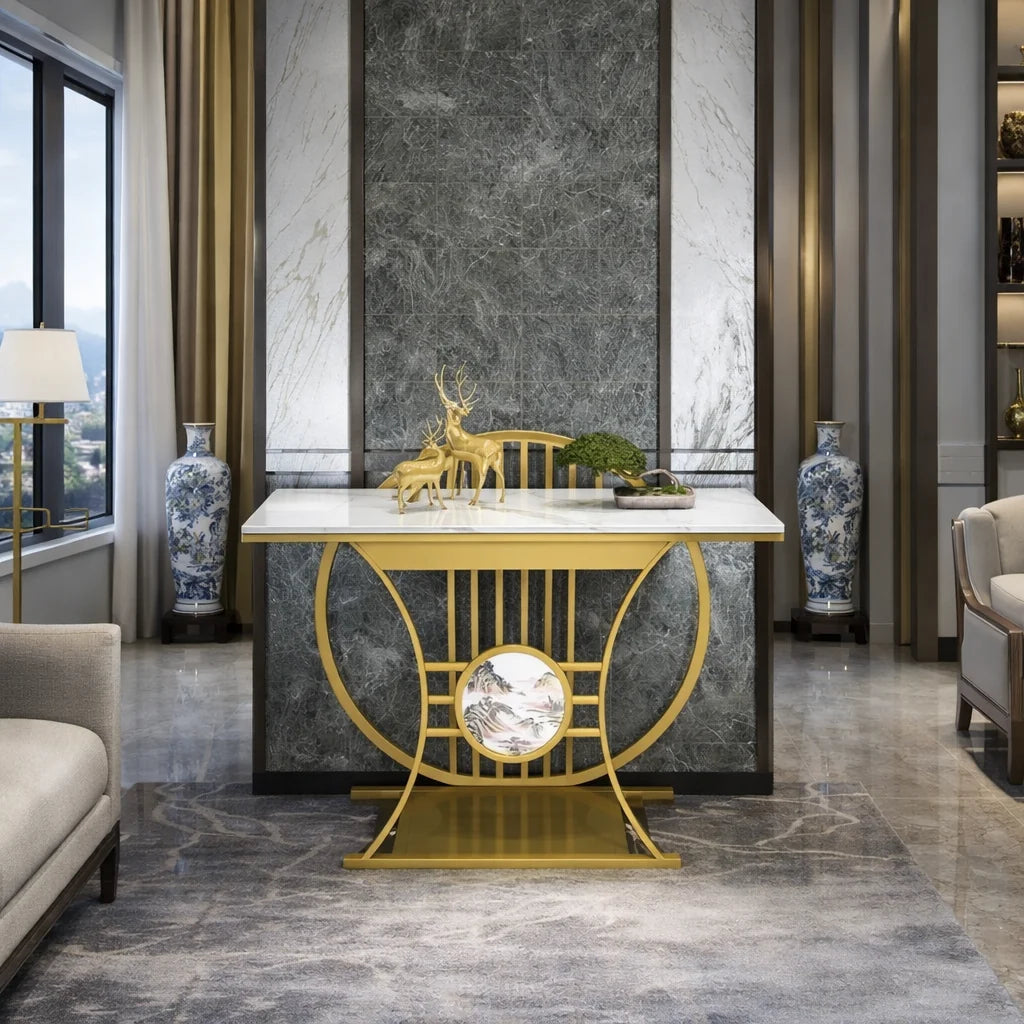 Modern Gold Console Table Featuring Circular Motif and Marble Surface