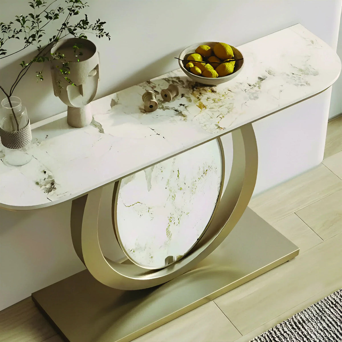 Modern Gold Console Table Featuring Oval Marble Inlay and Curved Design