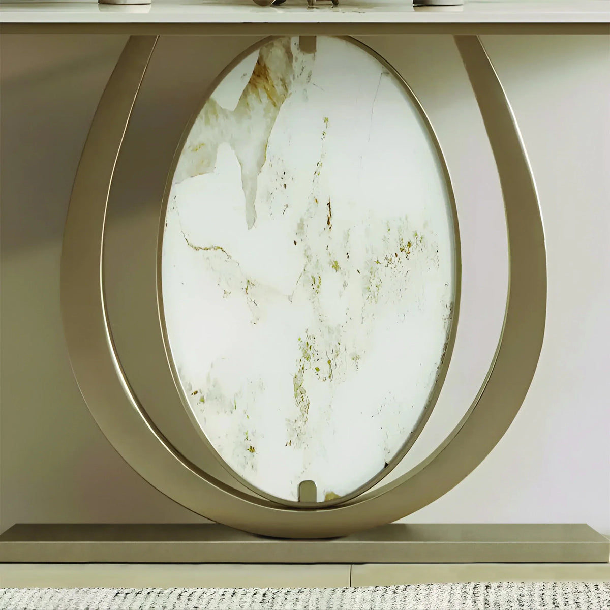 Modern Gold Console Table Featuring Oval Marble Inlay and Curved Design
