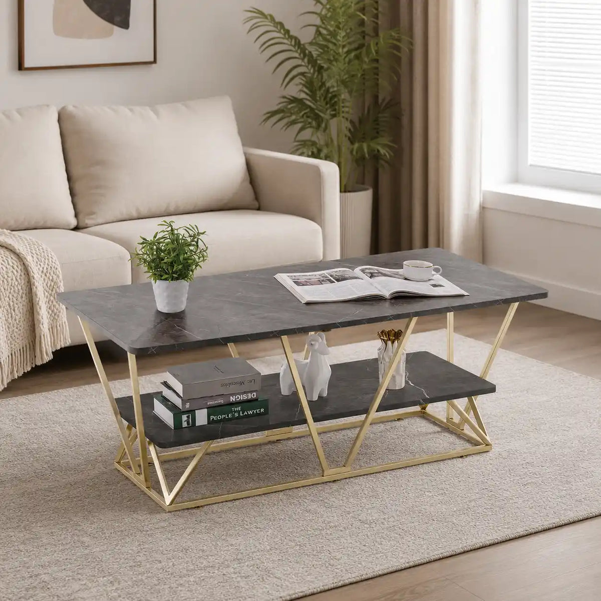 Modern Gold Frame Center Table with Marble Finish Shelf