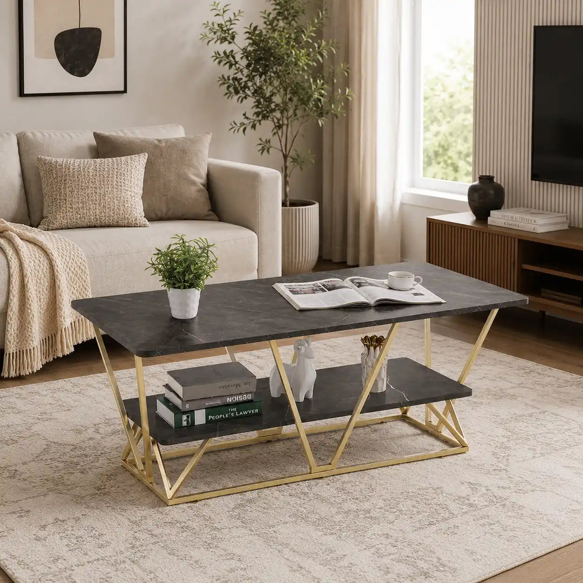 Modern Gold Frame Center Table with Marble Finish Shelf