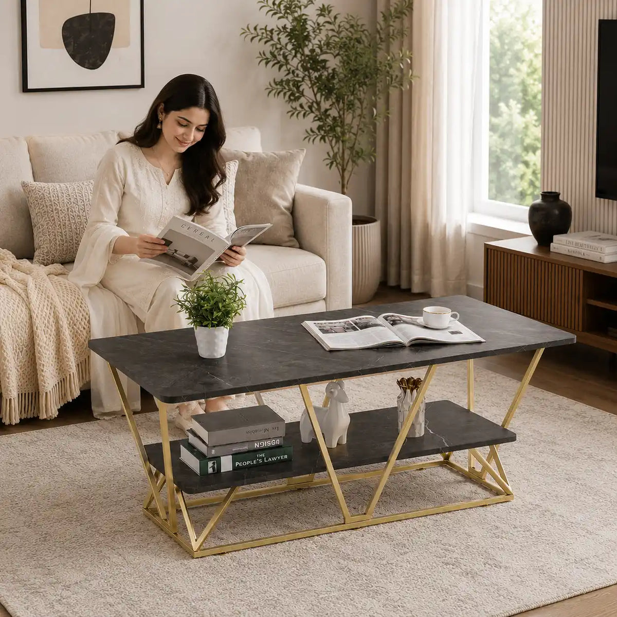Modern Gold Frame Center Table with Marble Finish Shelf