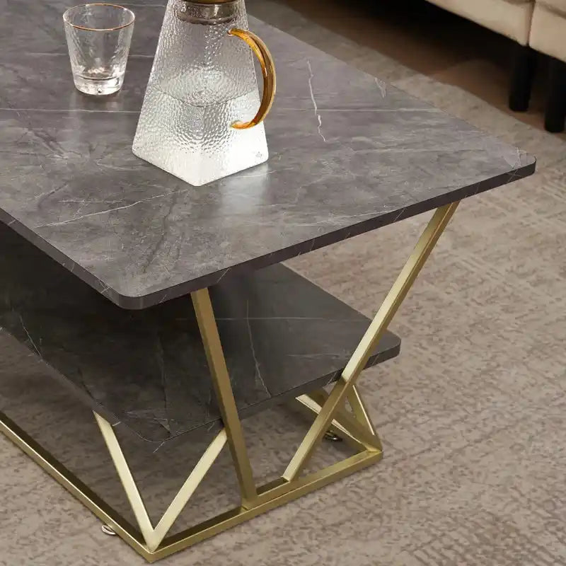Modern Gold Frame Center Table with Marble Finish Shelf