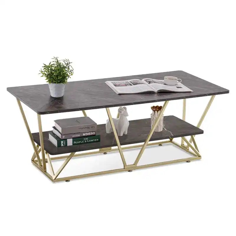Modern Gold Frame Center Table with Marble Finish Shelf