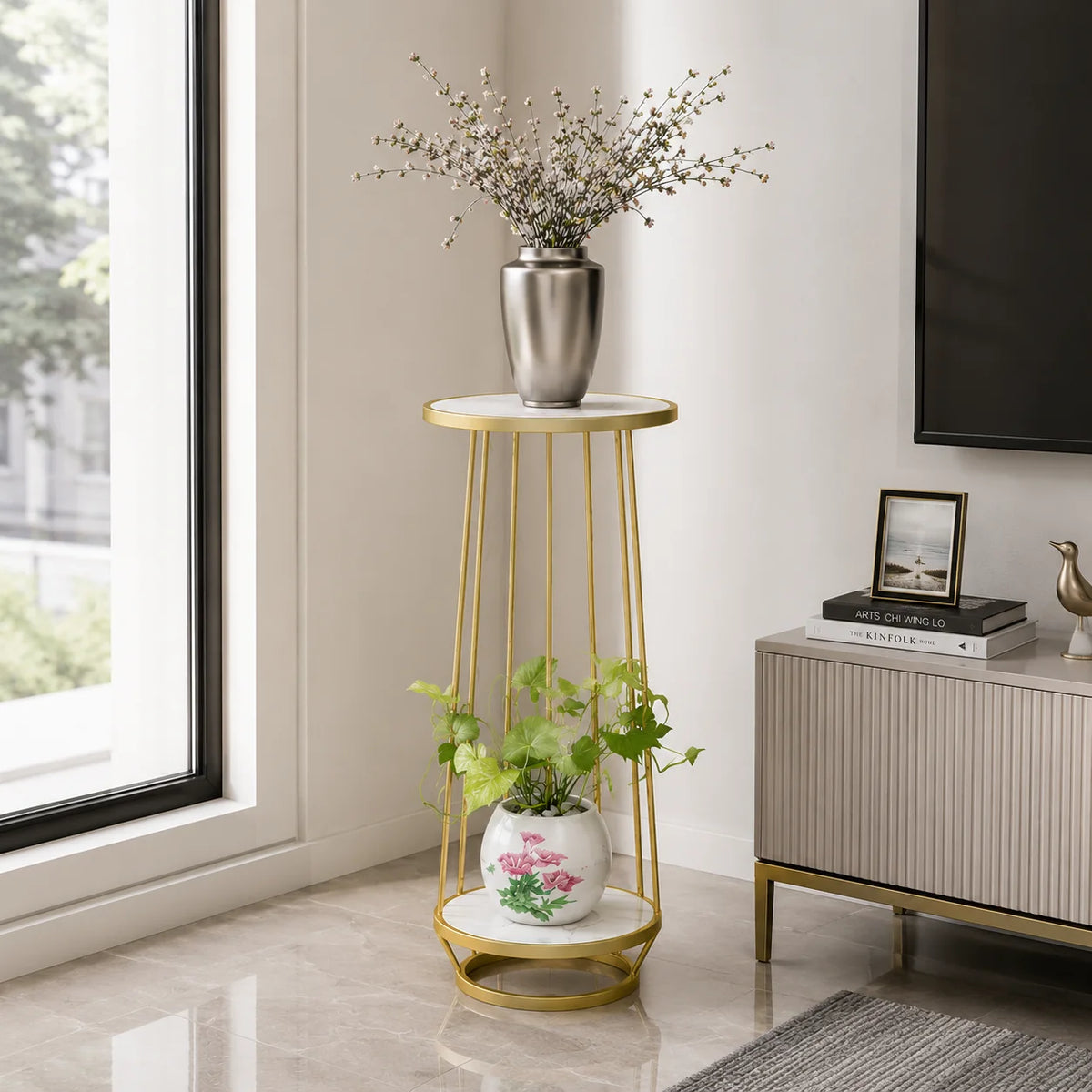 Modern Gold Metal Plant Stand with Marble Shelves