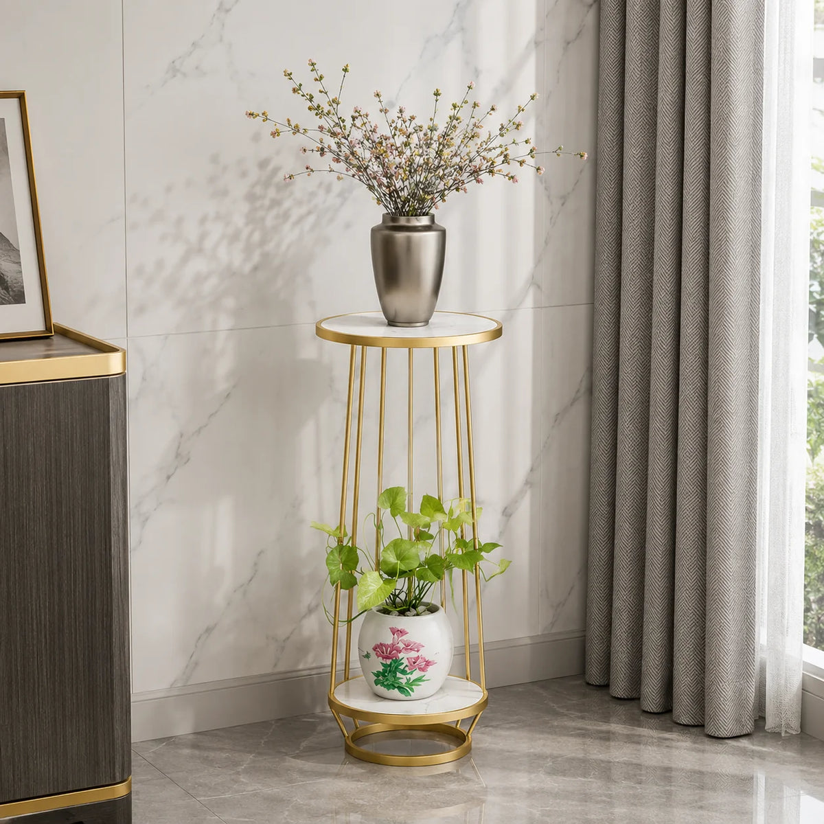 Modern Gold Metal Plant Stand with Marble Shelves