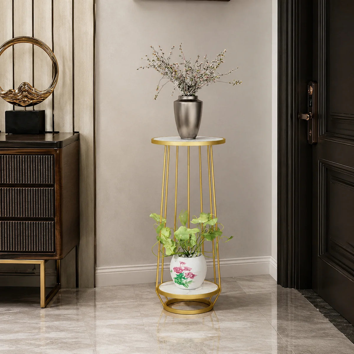 Modern Gold Metal Plant Stand with Marble Shelves
