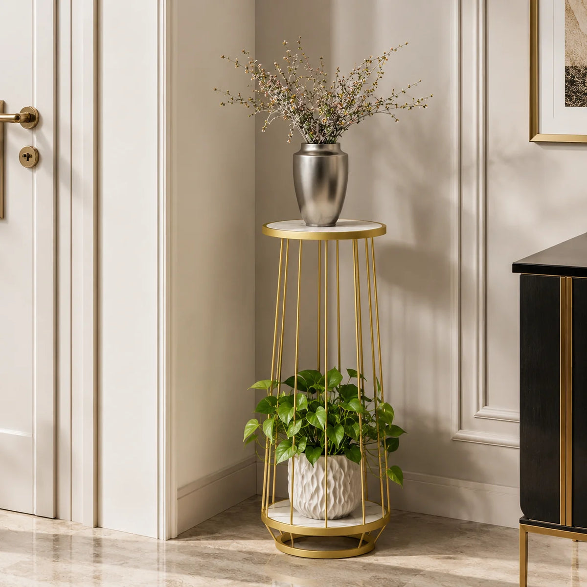 Modern Gold Metal Plant Stand with Marble Shelves