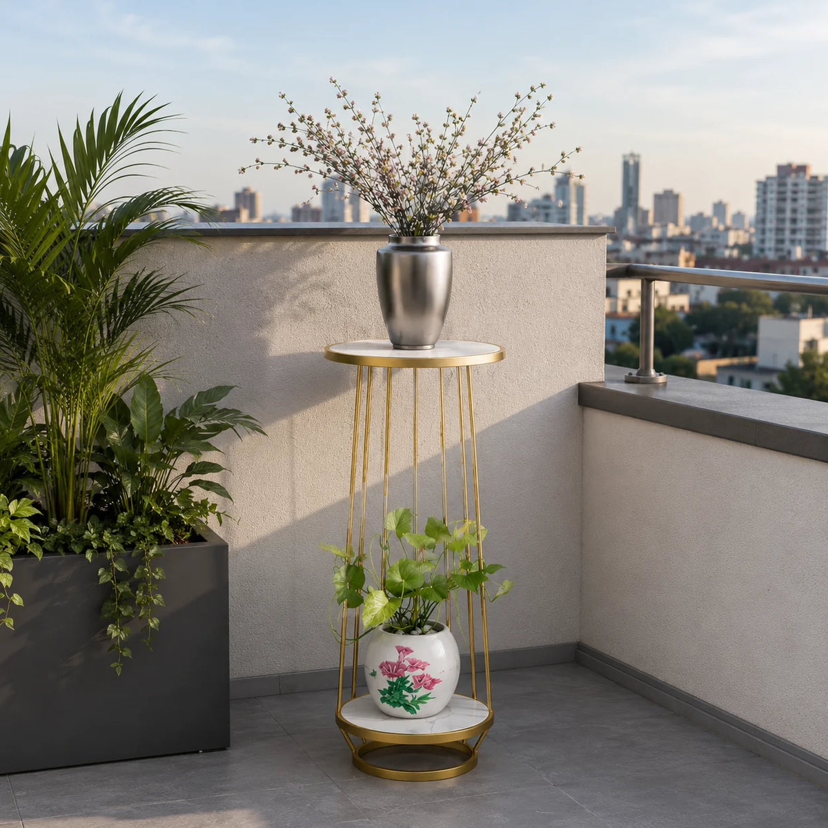 Modern Gold Metal Plant Stand with Marble Shelves