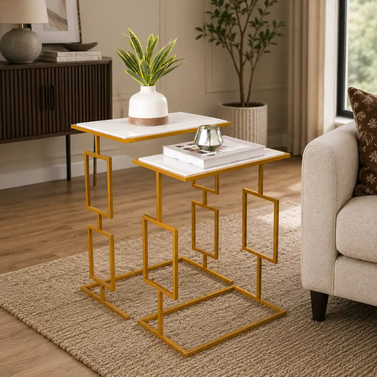 Modern Gold Nesting Tables with White Marble Tops – Set of 2