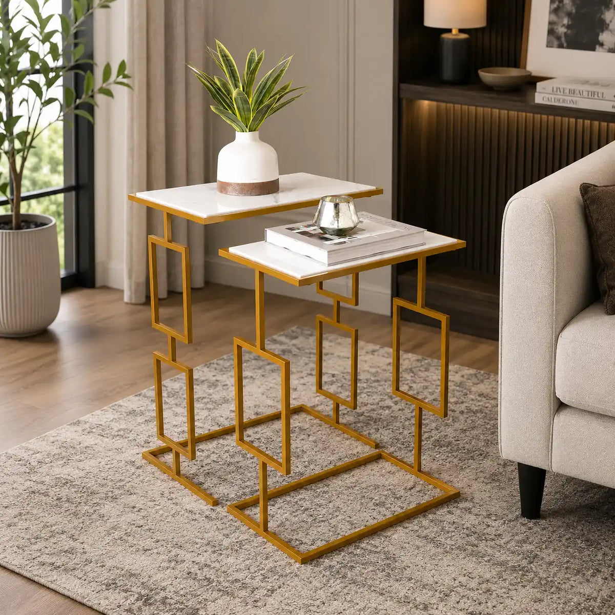 Modern Gold Nesting Tables with White Marble Tops – Set of 2