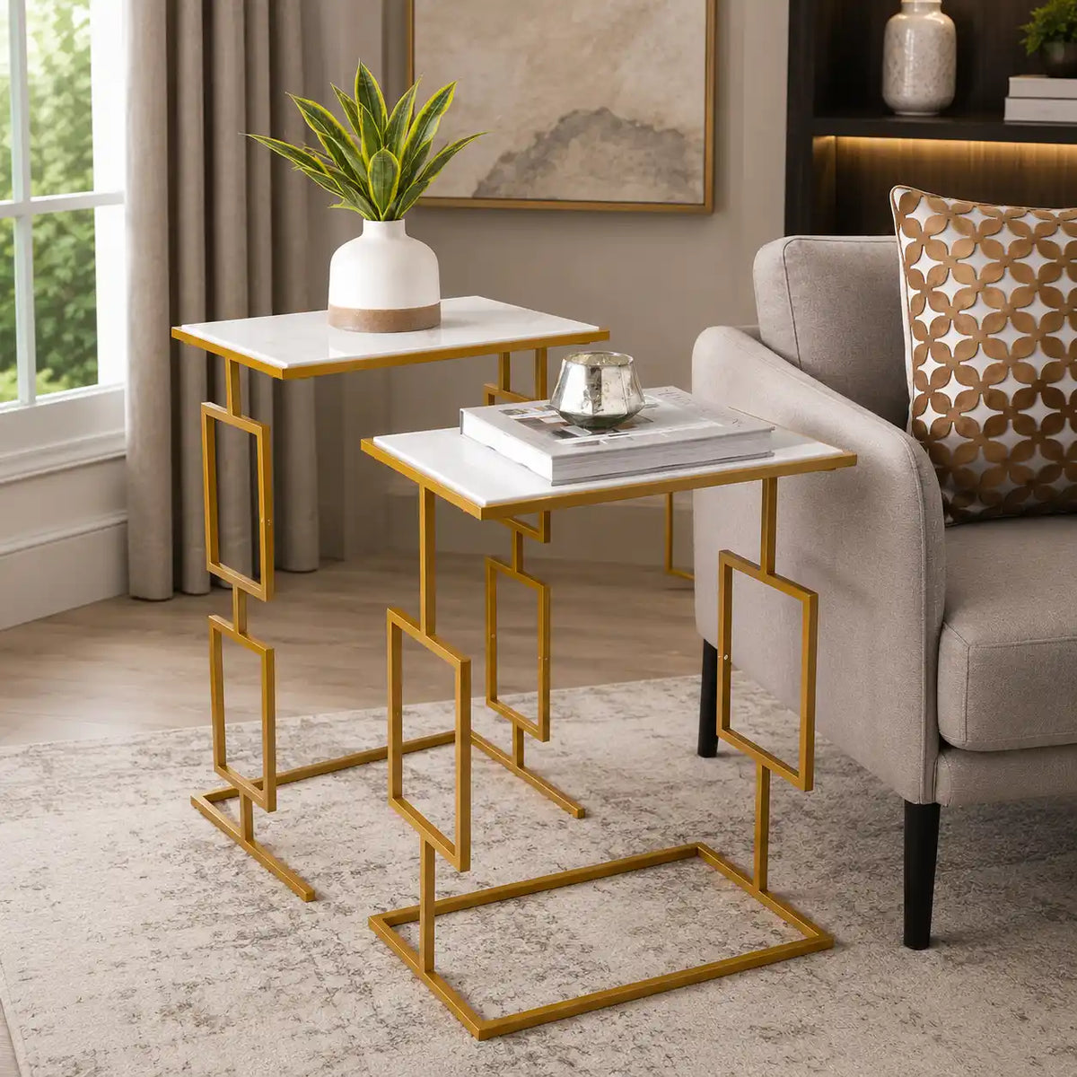 Modern Gold Nesting Tables with White Marble Tops – Set of 2