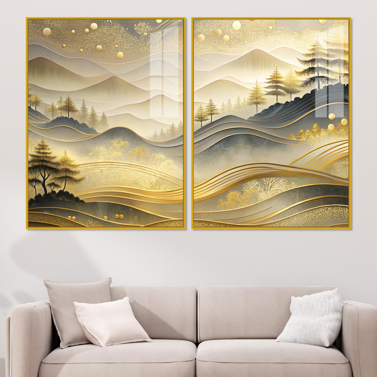 Modern Golden and Beige Valley Forest Acrylic Floating Wall Painting Set of 2