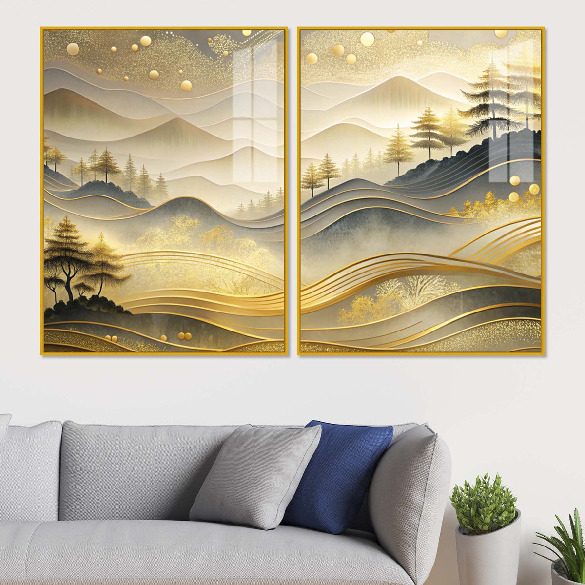 Modern Golden and Beige Valley Forest Acrylic Floating Wall Painting Set of 2
