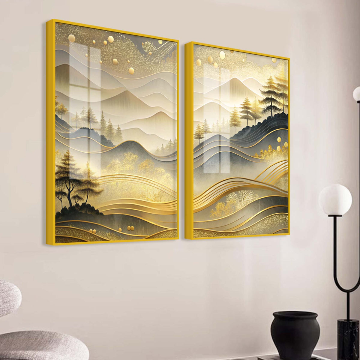 Modern Golden and Beige Valley Forest Acrylic Floating Wall Painting Set of 2