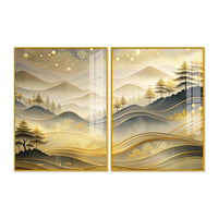 Modern Golden and Beige Valley Forest Acrylic Floating Wall Painting Set of 2