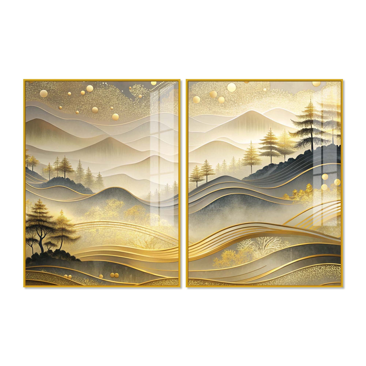 Modern Golden and Beige Valley Forest Acrylic Floating Wall Painting Set of 2