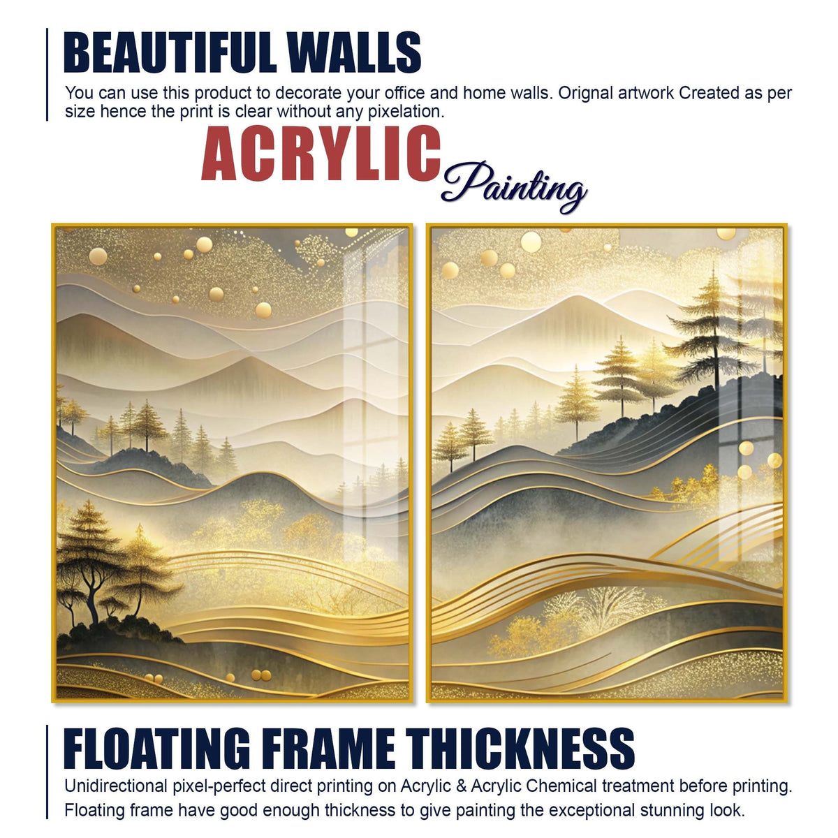 Modern Golden and Beige Valley Forest Acrylic Floating Wall Painting Set of 2
