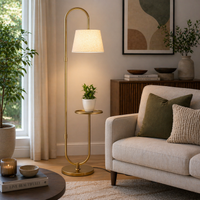 Modern Golden Metal Finish Curved Floor Lamp Standing with Table Shelf