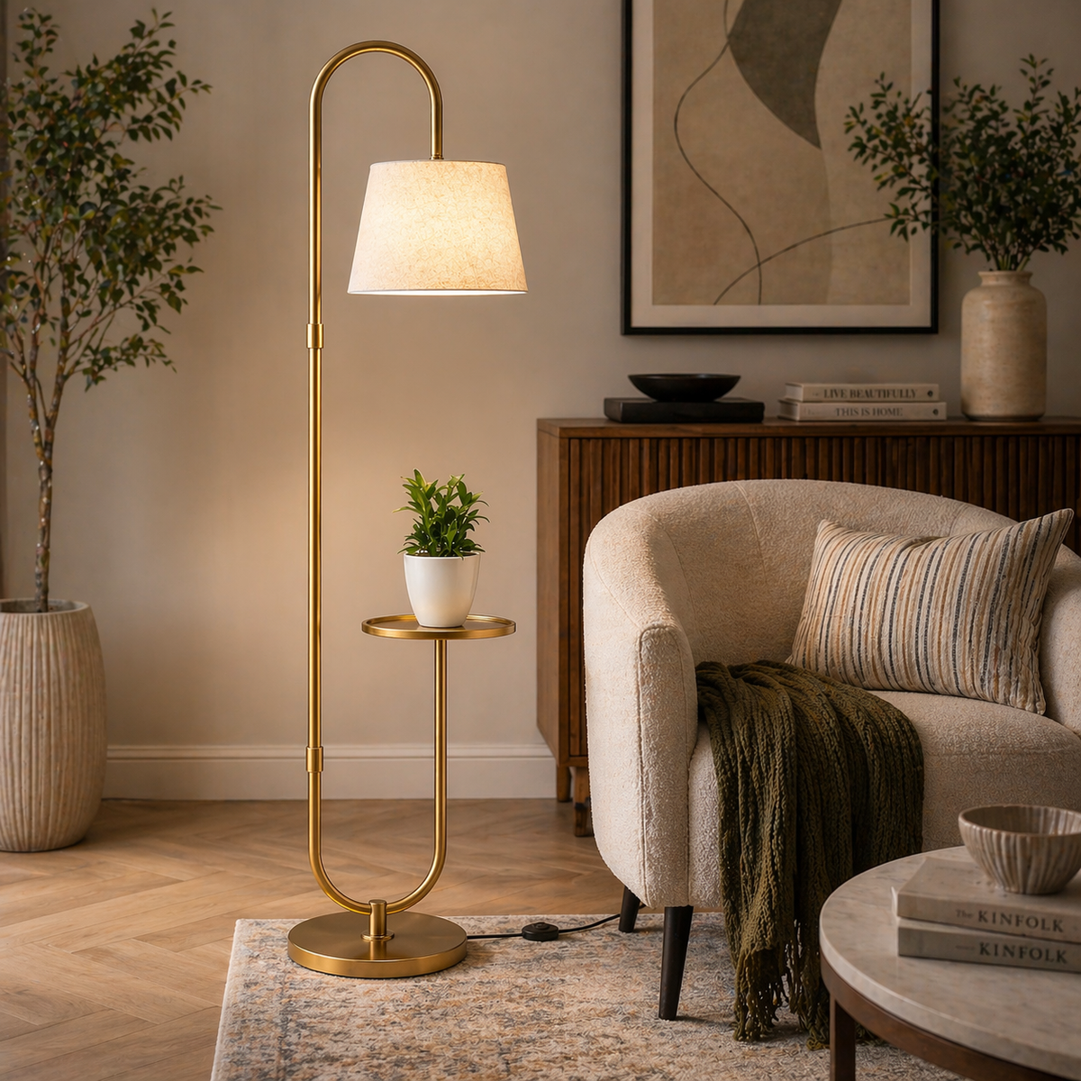 Modern Golden Metal Finish Curved Floor Lamp Standing with Table Shelf