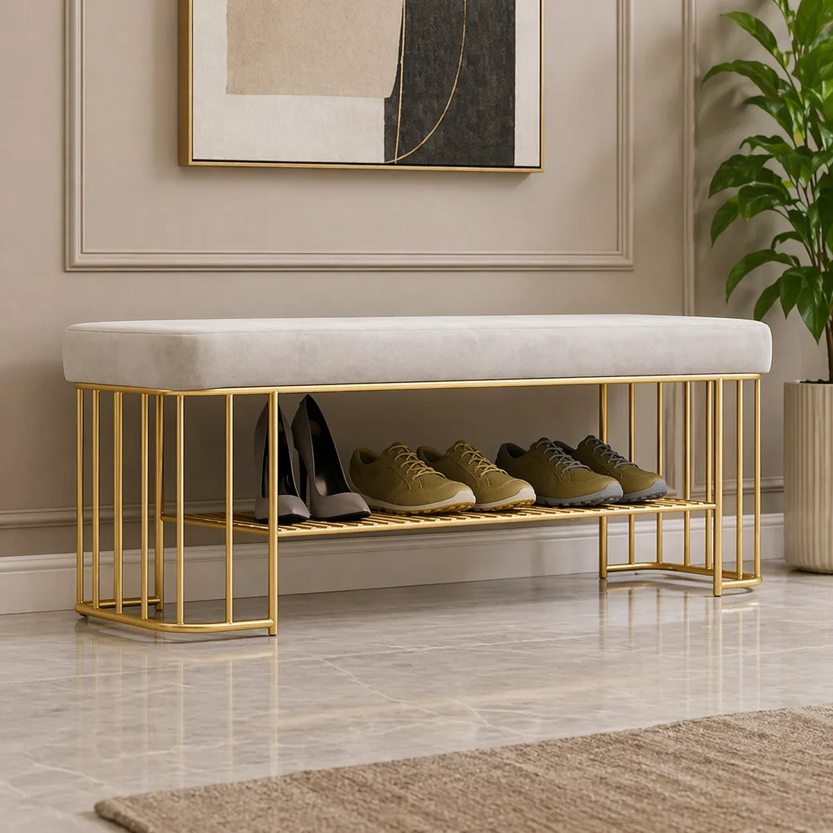 Modern Gray Velvet Entryway Bench with Shoe Rank