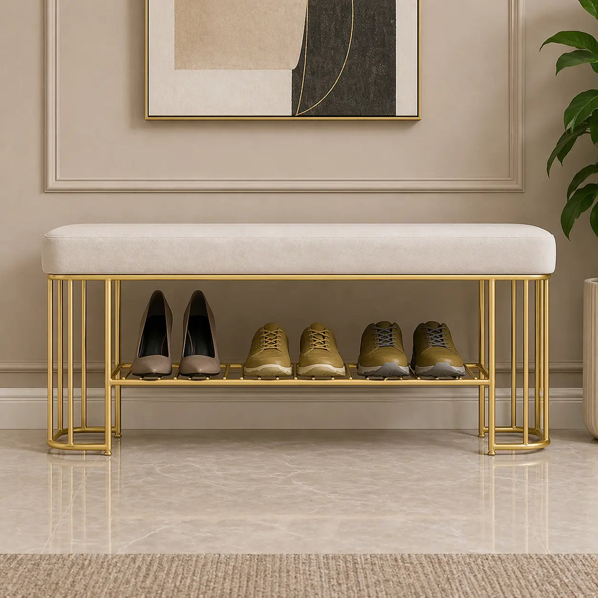 Modern Gray Velvet Entryway Bench with Shoe Rank