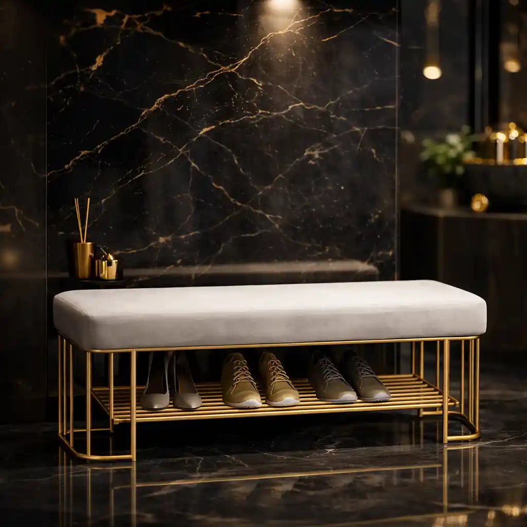 Modern Gray Velvet Upholstered Bench with Shoe Rack Storage