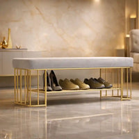 Modern Gray Velvet Upholstered Bench with Shoe Rack Storage