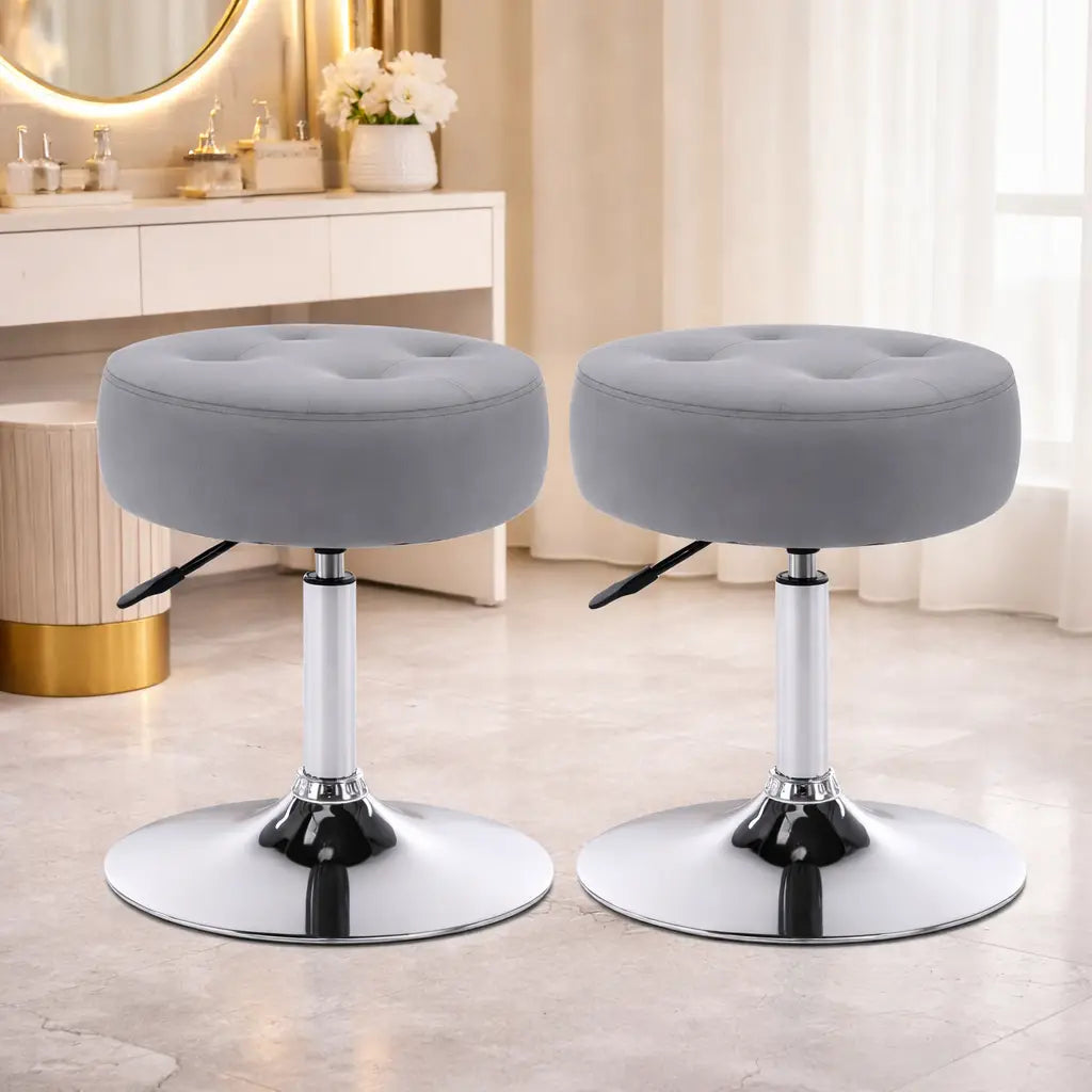 Modern Grey Adjustable Vanity Stool with Tufted Cushion