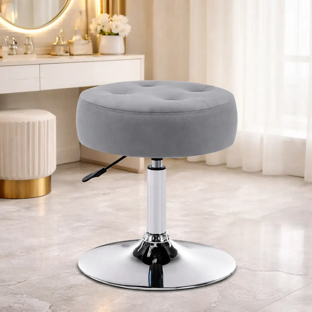 Modern Grey Adjustable Vanity Stool with Tufted Cushion