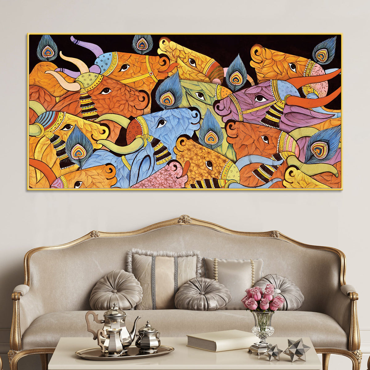 Modern Indian Folk Cow Canvas Wall Painting